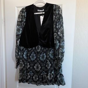 Zara Black and Blue Floral Mini Dress